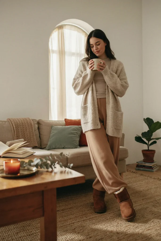 Ugg Boots with Cardigan and Wide-Leg Pants