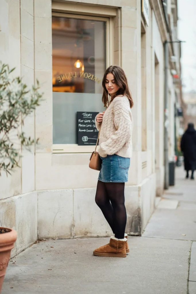 Ugg Boots with Denim Skirt and Tights