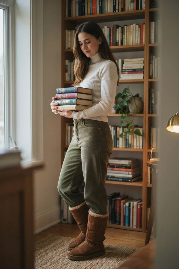 Ugg Boots with Turtleneck and Corduroy Pants