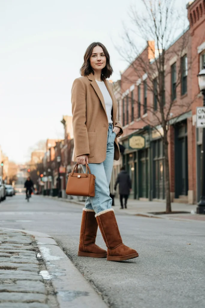 Ugg Boots with Wide-Leg Jeans and Blazer