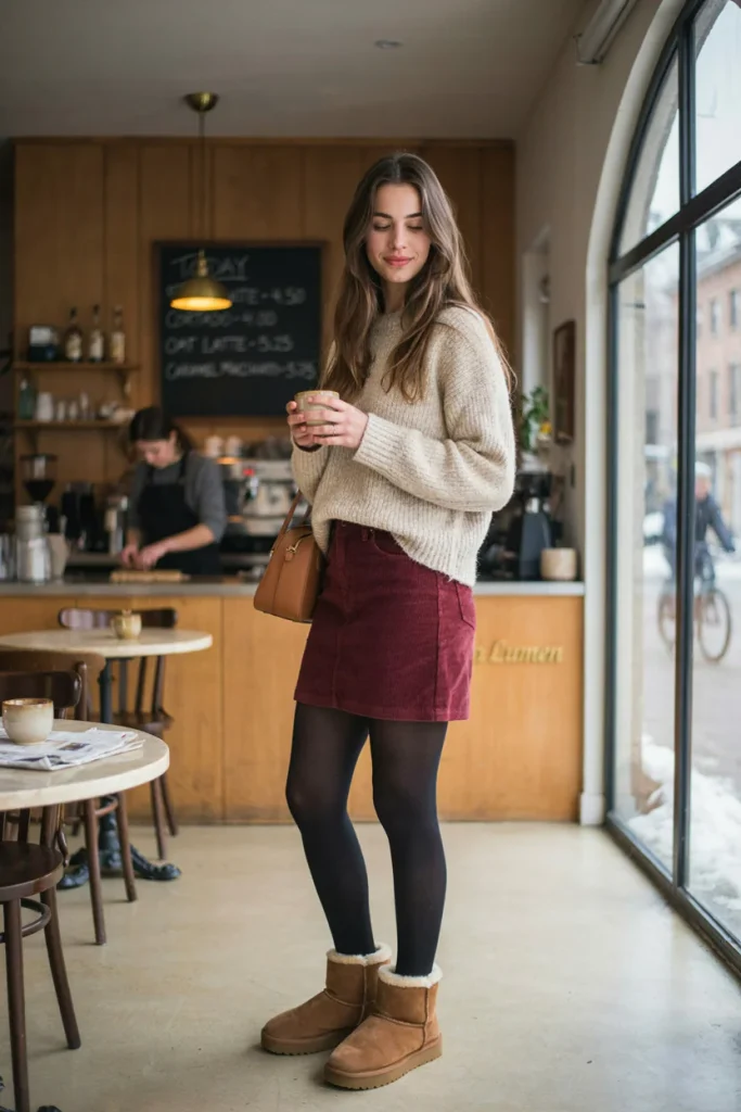 Ugg Mini Boots with Mini Skirt and Tights
