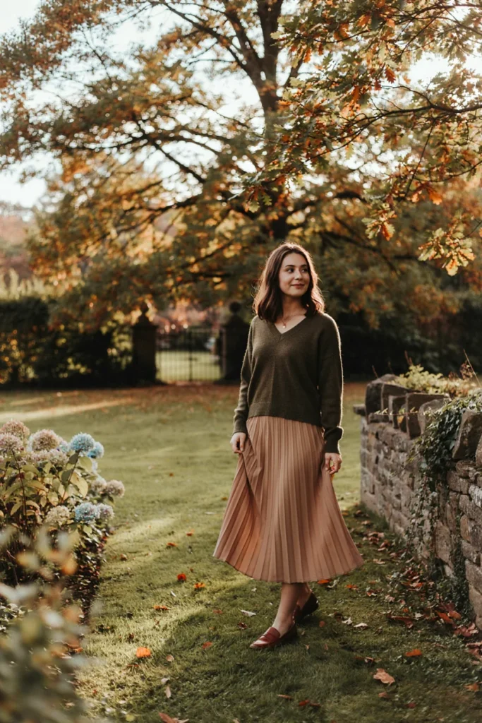 V-Neck Sweater with Pleated Skirt