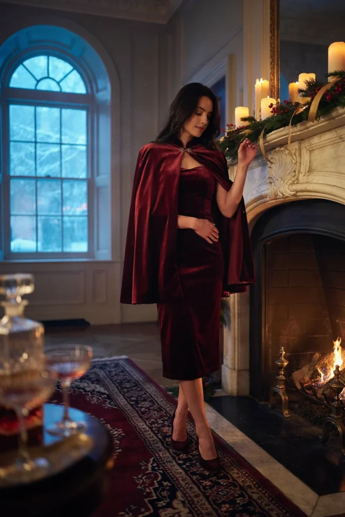 Velvet Midi Dress with Cape