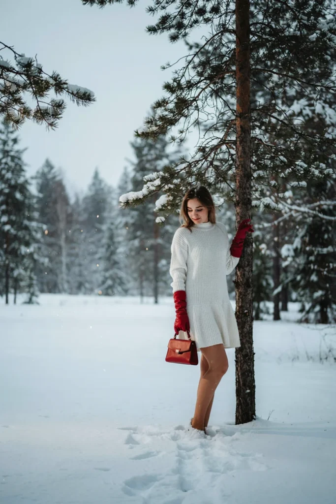  White Sweater Dress with Red Accessories