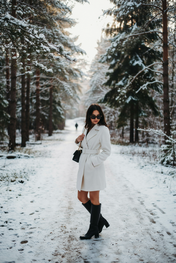 White Wool Coat with Knee Boots