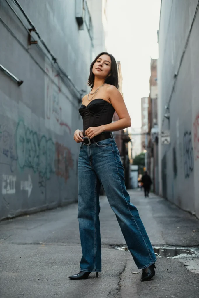 Jeans Outfits 2026 Wide-Leg Jeans with Corset Top