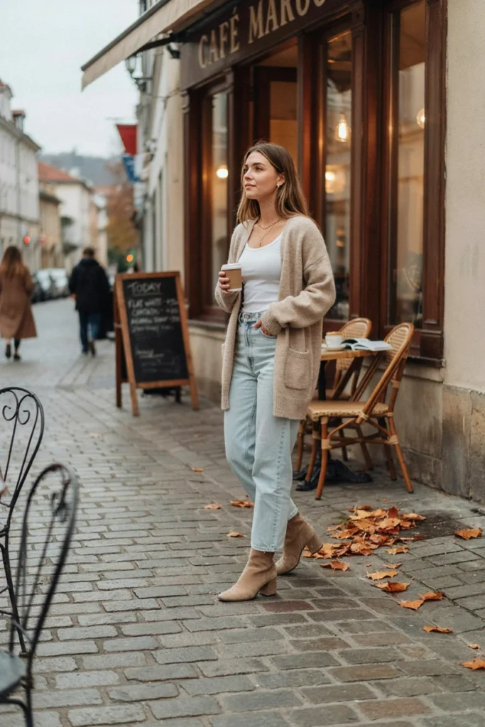 Wide-Leg Jeans with Fitted Tank and Cardigan
