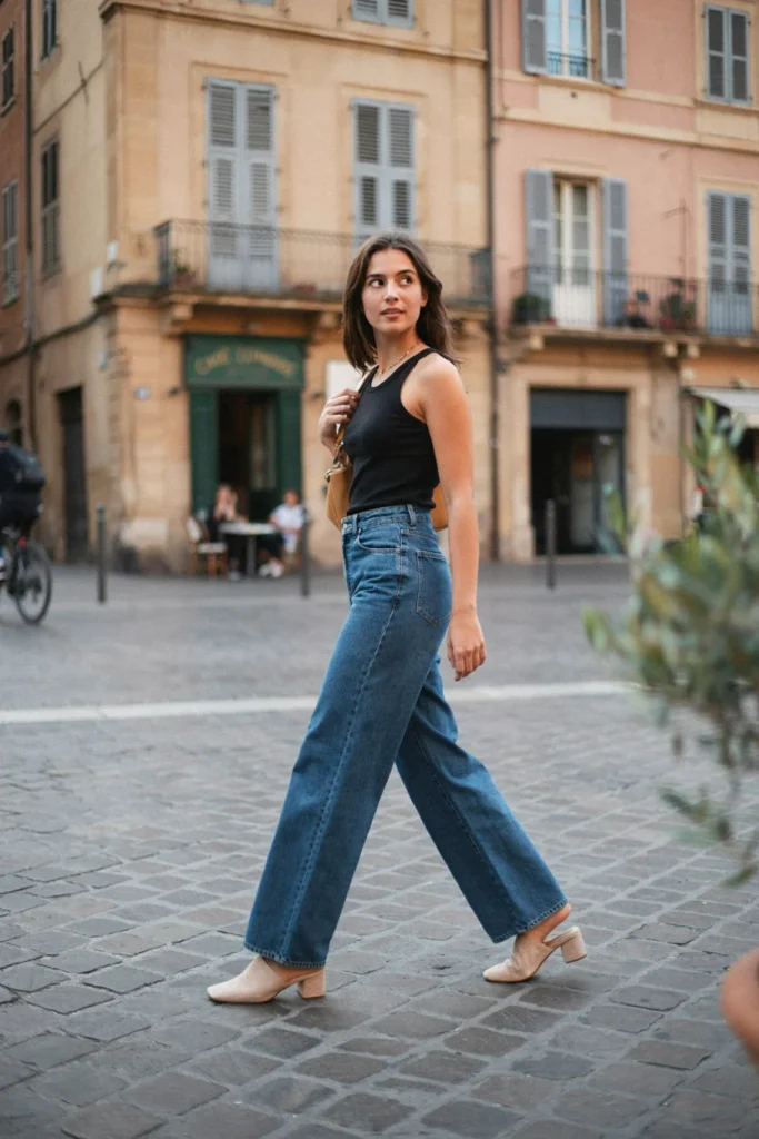 Wide-Leg Jeans with Heeled Mules