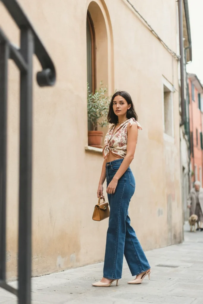Wide-Leg Jeans with Silk Scarf Top