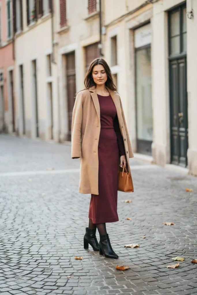 Wool Coat over Midi Dress