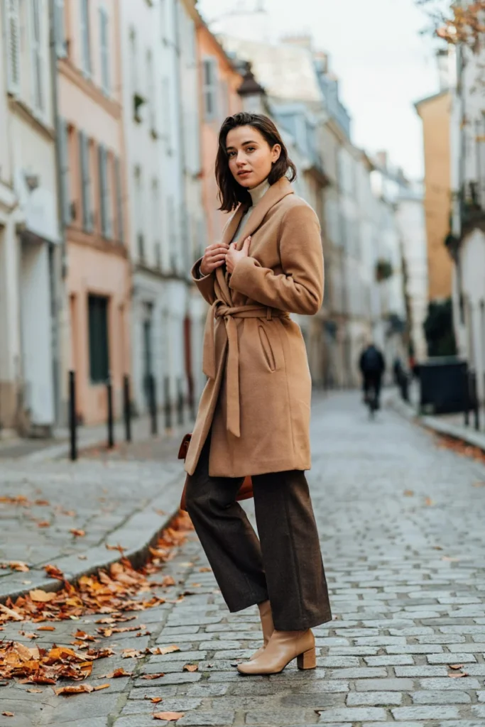 Wrap Coat Over Wide-Leg Trousers