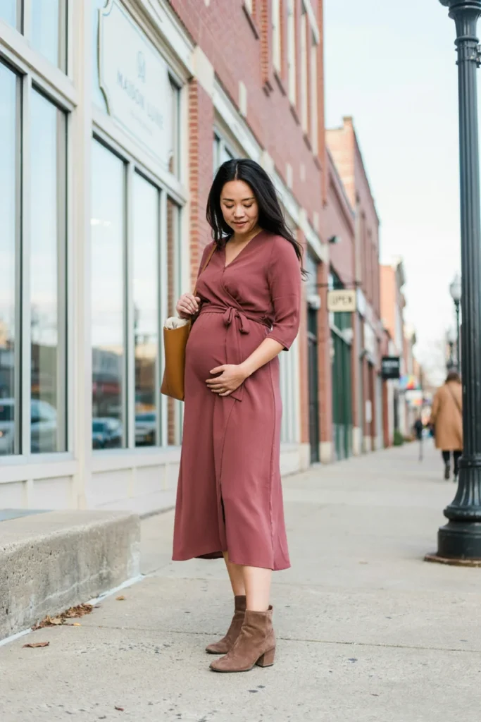 Pregnancy Outfits 2026 Wrap Dress with Ankle Boots