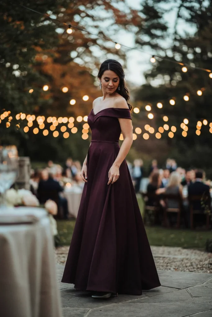 Wedding Guest Outfits Deep Plum Off-Shoulder Gown