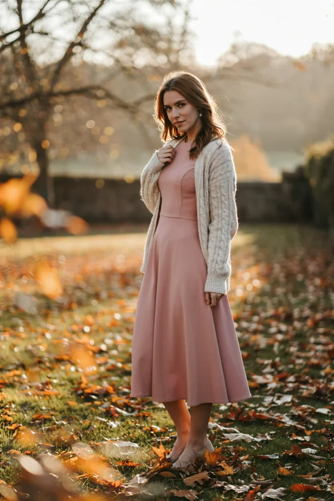 Dusty Rose Midi Dress with Cardigan