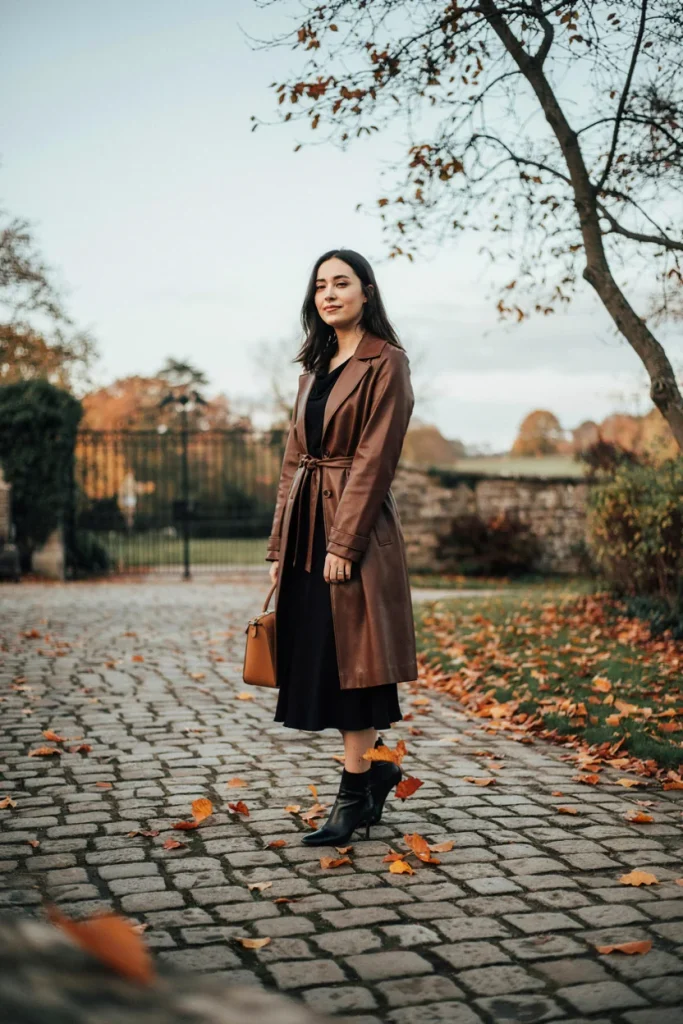 Espresso Brown Leather Trench Coat Look