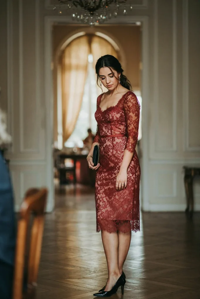 Wine Red Lace Dress